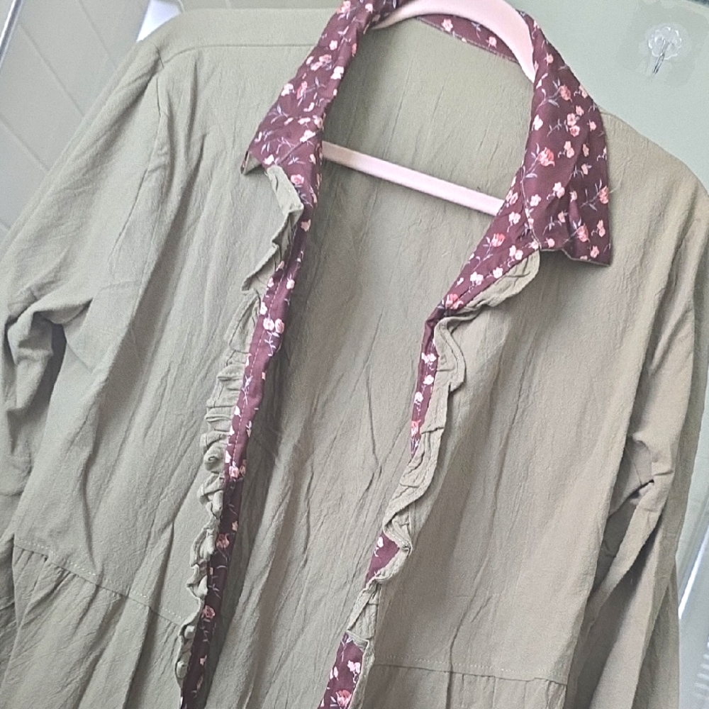 Olive Green Ruffle Jacket with Floral Trim